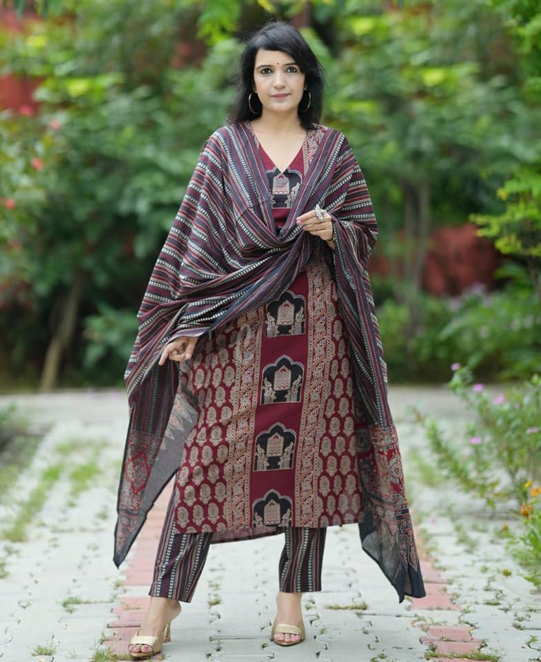 Anni Designer Women'S Rayon Viscose Printed Straight Kurta With Pant & Dupatta (Sarangpur Maroon_L_Maroon_Large),Maroon,L,Rayon,Casual,