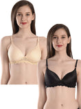 Styfun Women Cotton Blend Lace Padded, NonWired, Full Coverage Bra, Pushup Pack Of 2 Bra, Black Beige, Size 40