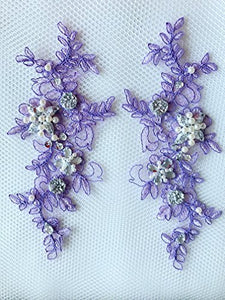 wtbv.n 23x9cm sew on Beaded Rhinestones Light Purple lace Applique Veil Manual DIY Accessories 2pcs/Bag