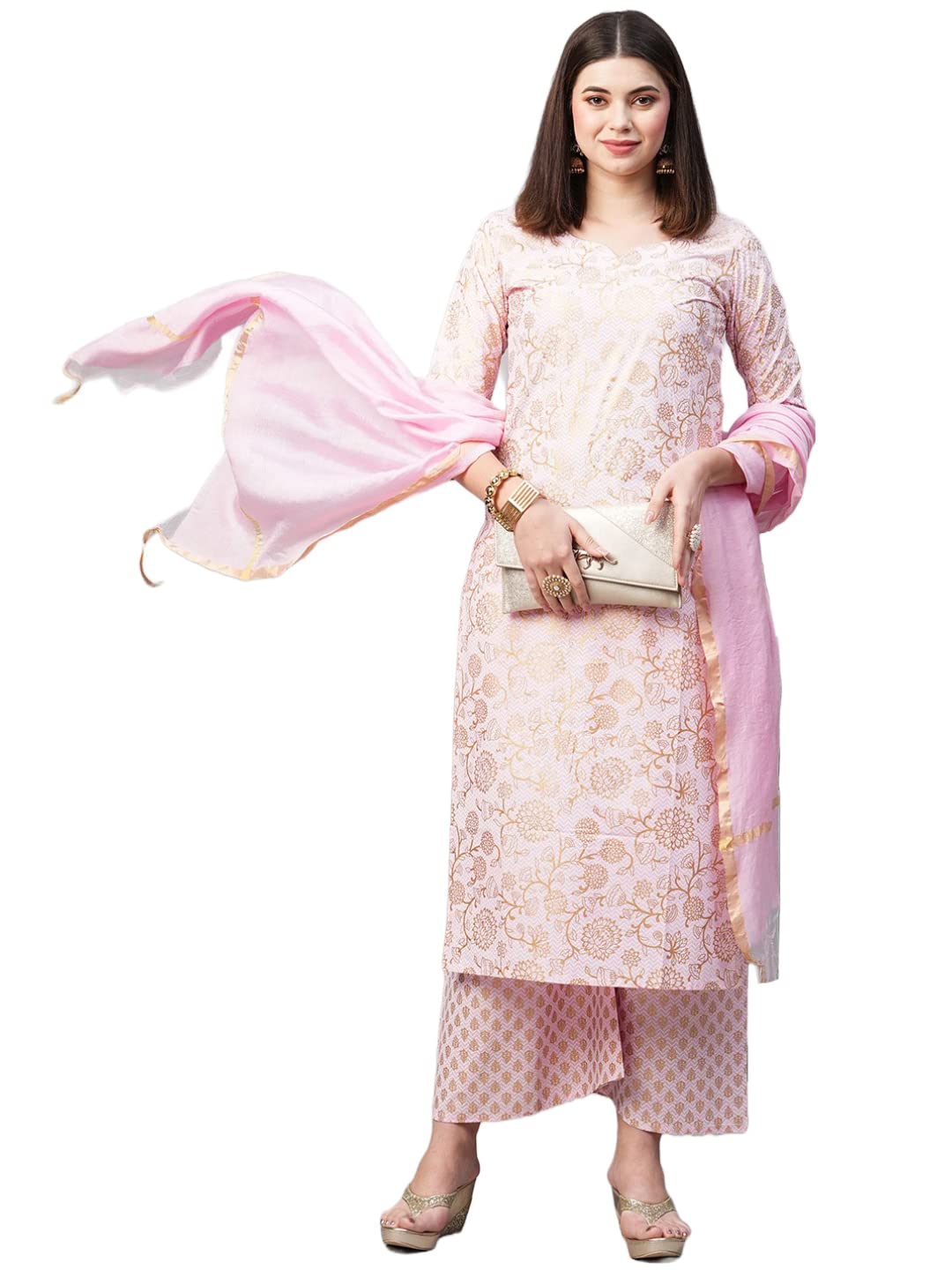 Anni Designer Women'S Cotton Blend Printed Straight Kurta With Palazzos & Dupatta (Ghost-Off-Pink_Xxl_Pink_Xx-Large),Pink,2XL