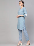 Idalia Cotton Blend Kurta Set For Women, 3/4 Sleeve, Calf-Length, Elegant Design For Special Occasions Sage Blue Xl