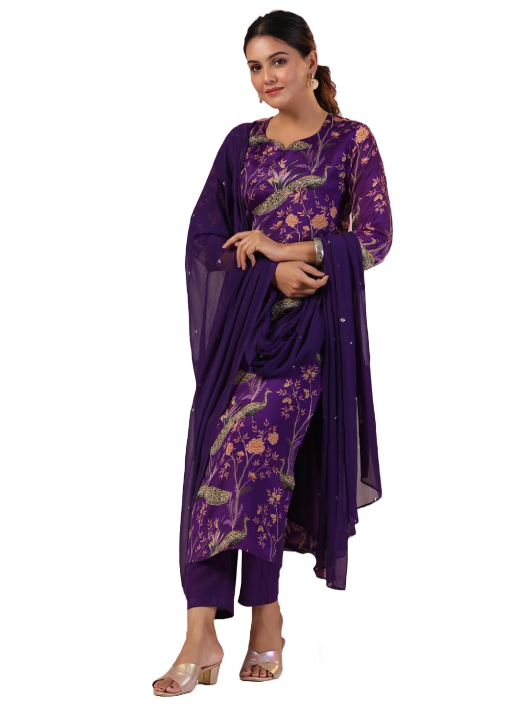 Anni Designer Women'S Rayon Blend Printed Straight Kurta With Pant & Dupatta (Geto Blue_Xxl_Blue_Xx-Large),Violet,2XL