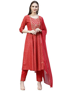 Gosriki Women'S Cotton Blend Printed Straight Kurta With Pant & Dupatta (Karwa Red_Xl-Gs_Red_X-Large),Red,,B0BF5PJJVP
