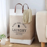 HETZON SALES Linen Laundry Bag with Leather Handles Large Foldable Clothes Storage Basket Waterproof Laundry Hamper for Bedroom