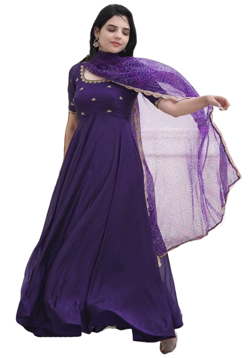 Anni Designer Women'S Rayon Viscose Anarkali Embroidered Kurta With Pant & Dupatta (Gumsum Begani-Vks01_M_Begani_Medium),Begani,M