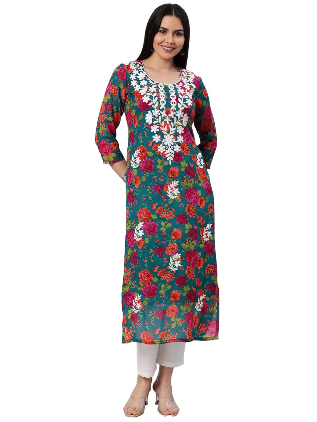 Anni Designer Women'S Printed Georgette Straight Chikankari Embroidered Kurta (Rama-Chikan_S_Rama_Small),Rama Multi,S