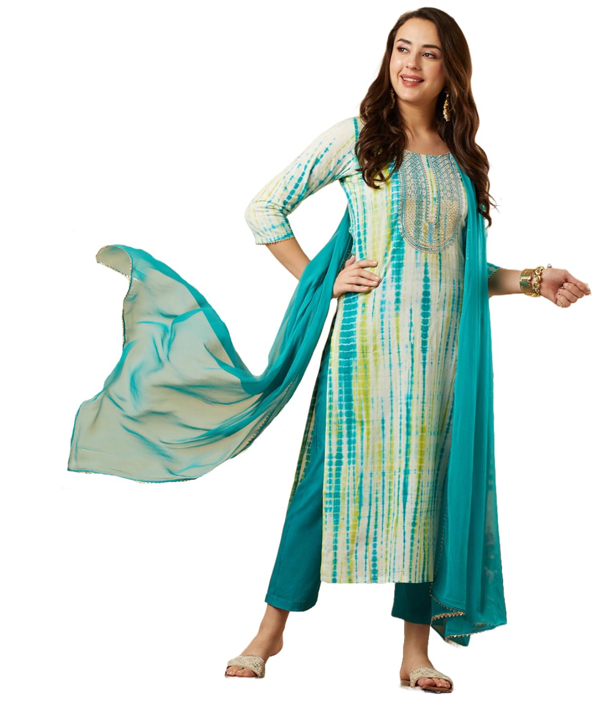 Anni Designer Women'S Cotton Blend Straight Printed Kurta With Pant & Dupatta (Tiedye-Rama Blue_M_Blue_Medium),Blue,M