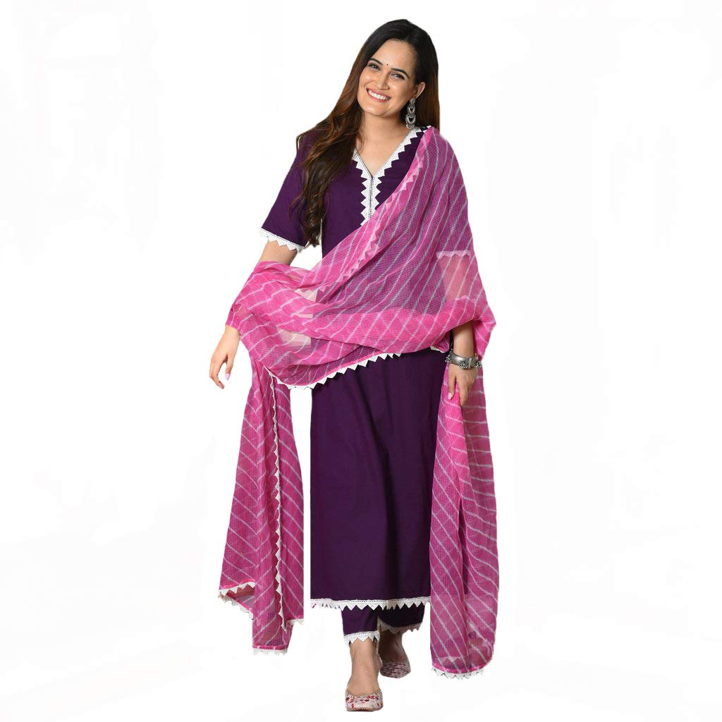 Gosriki Women'S Cotton Regular Kurta And Pants & Dupatta (Macbook-Wine_S-Go_Magenta_S),Wine,,B08VD2LZLG