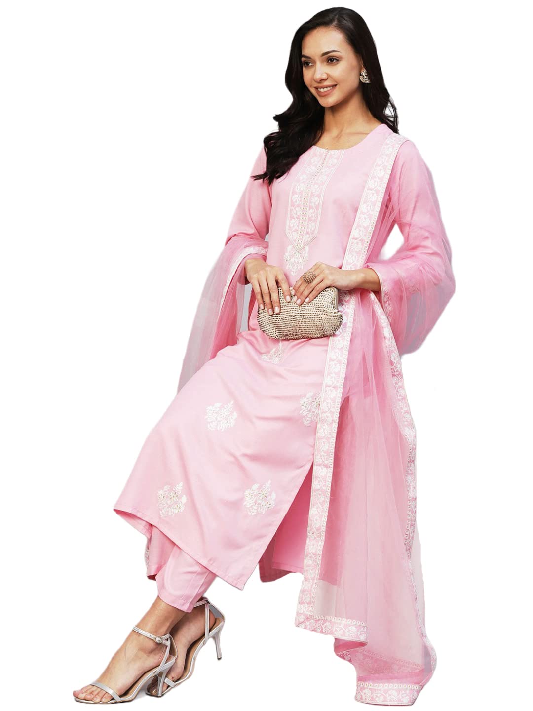 Anni Designer Women'S Cotton Blend Embroidered Straight Kurta With Pant & Dupatta (Weekend Pink_M_Pink_Medium),Pink,M