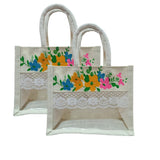 Ahans World White Jute Hamper Bag Transparent Lace Return Gift Bag (2, 10 * 8 * 5 INCH)