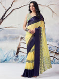 Satrani Women'S Georgette Floral Printed Satin Patta Saree With Unstitched Blouse Piece (3634S117N_Light Yellow & Navy Blue)
