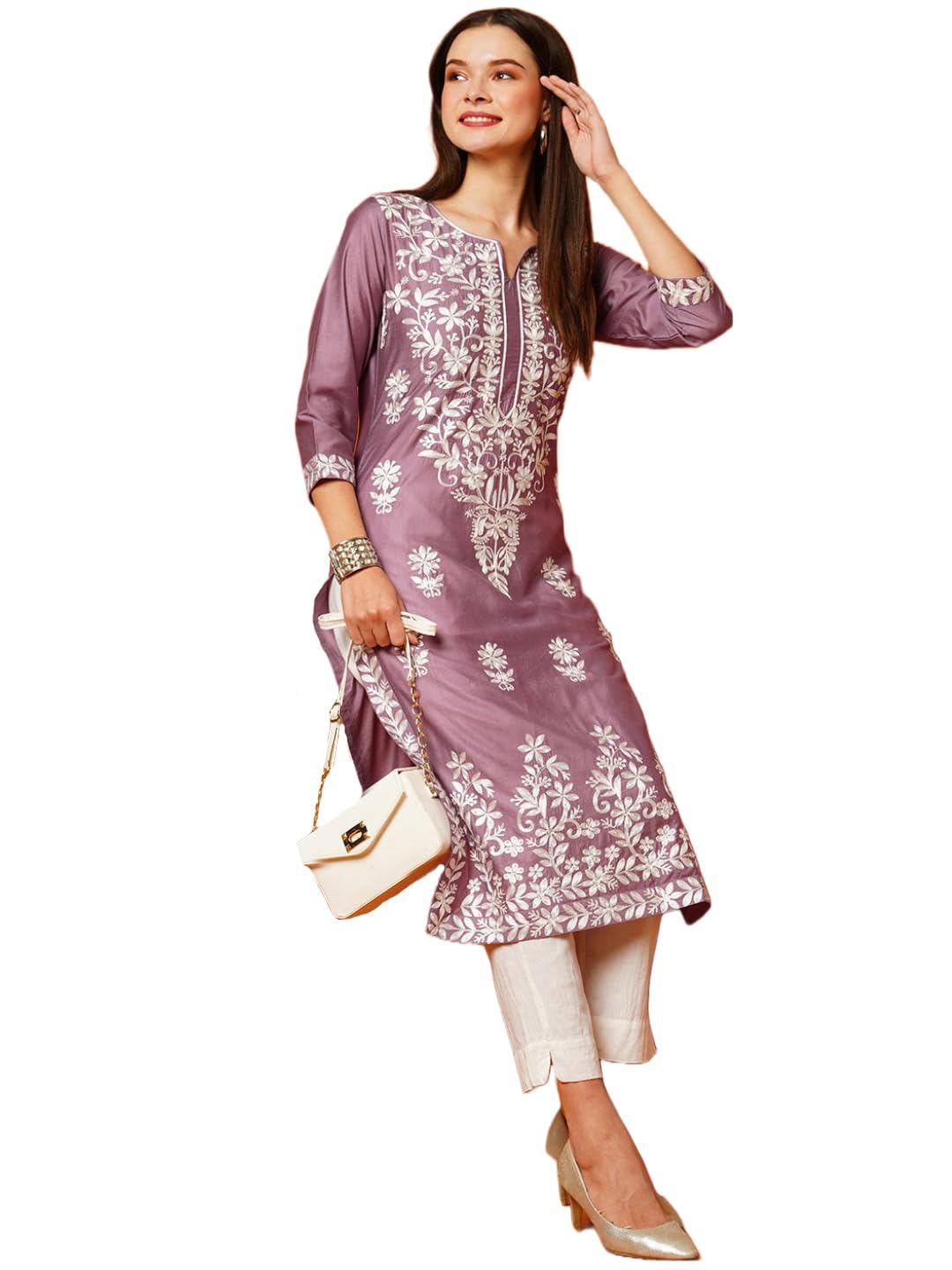 Anni Designer Women'S Cotton Blend Straight Chikankari Embroidered Kurta (Chin-Purple-Nw_M_Purple_Medium),Purple,M