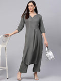 Idalia Grey Rayon Straight Solid Kurta Set For Women 3/4 Sleeve, Round V Neck Designer Kurta Set With Palazzo For Women Grey M