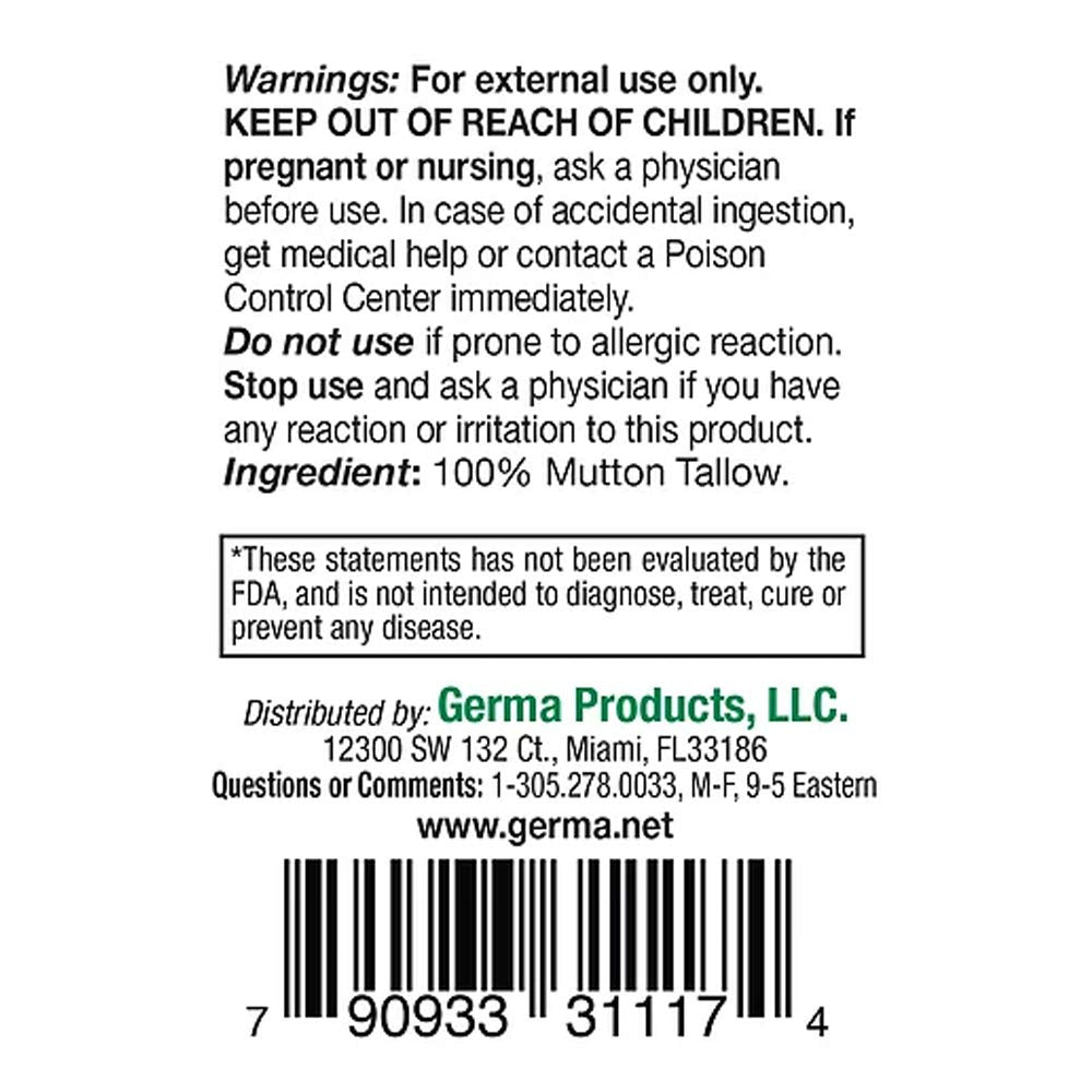 Germa Mutton Tallow Cream - 100% Pure Sebo Flandes Moisturizer for Hands & Sunburn Relief, Adult Skin Care, 0.7oz