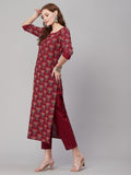 Anni Designer Women'S Cotton Blend Straight Printed Kurta With Pant Set (Jigyasa-Maroon_Xl_Maroon_X-Large),Maroon,XL,Cotton Blend,Regular,Kurta