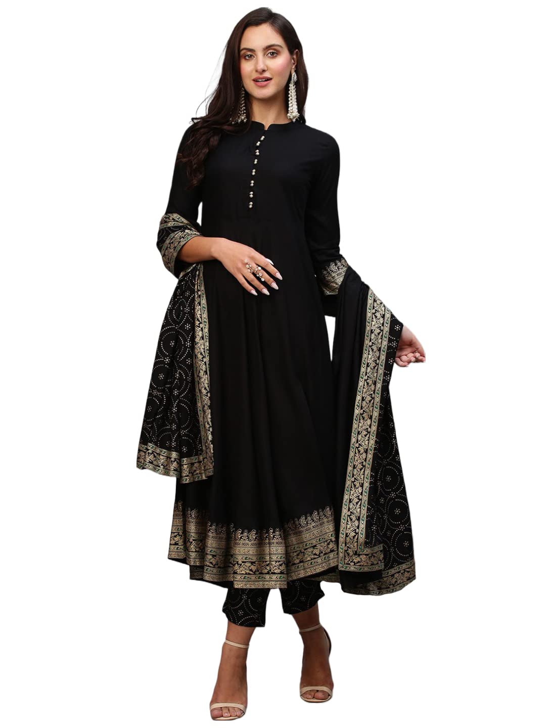 Gosriki Women'S Cotton Blend Solid Anarkali Kurta With Pant & Dupatta (Panchali-Black-Nw-Gs_M_Black_Medium),Black,,B0BSVC9KL1