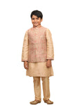 Manyavar Kurta Churidar With Jacket Set For Boys And Kids, Full Sleeves Buttoned Mandarin Collar Blended Silk (Pista) (10 Years-