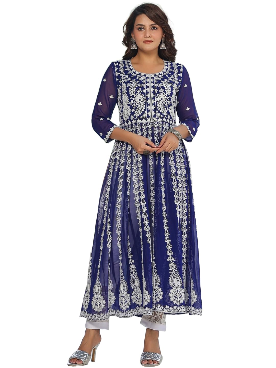 Anni Designer Women'S Georgette Chikankari Embroidered Anarkali Kurti (Kari-Blue-Nts_L_Blue_Large),Blue,L