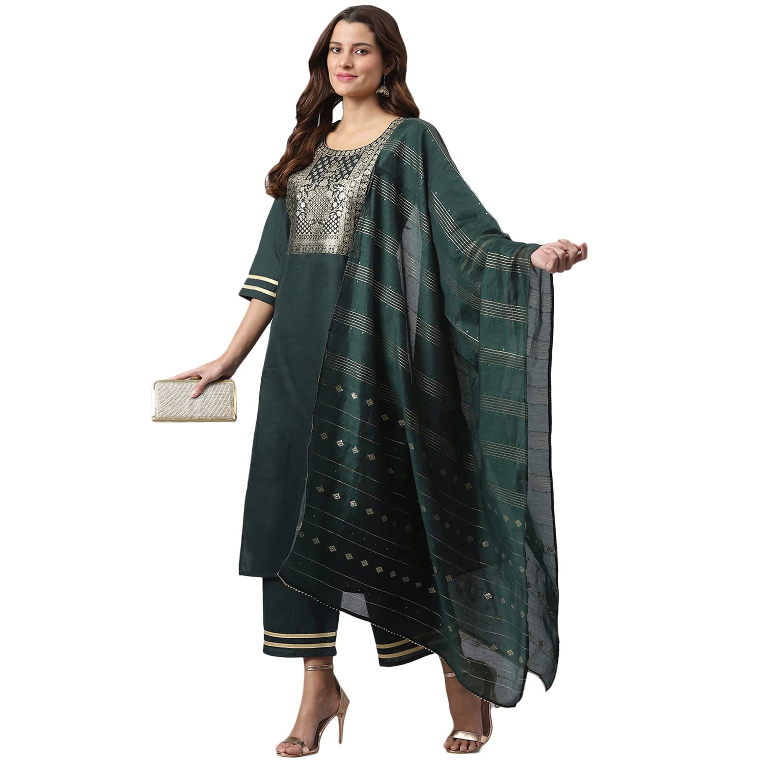 Gosriki Women'S Cotton Blend Straight Solid Kurta With Palazzo & Dupatta (Ruchir Green_Xl-Go_Green_X-Large),Green,,B0B2RSG7Q8