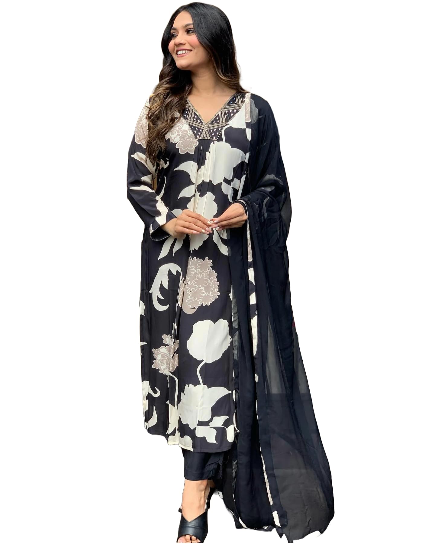 Anni Designer Women'S Rayon Blend Straight Fit Printed Kurta With Pant & Dupatta (Kalal Black_S_Black_Small),Black,S