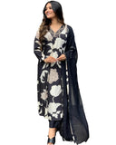 Anni Designer Women'S Rayon Blend Straight Fit Printed Kurta With Pant & Dupatta (Kalal Black_S_Black_Small),Black,S