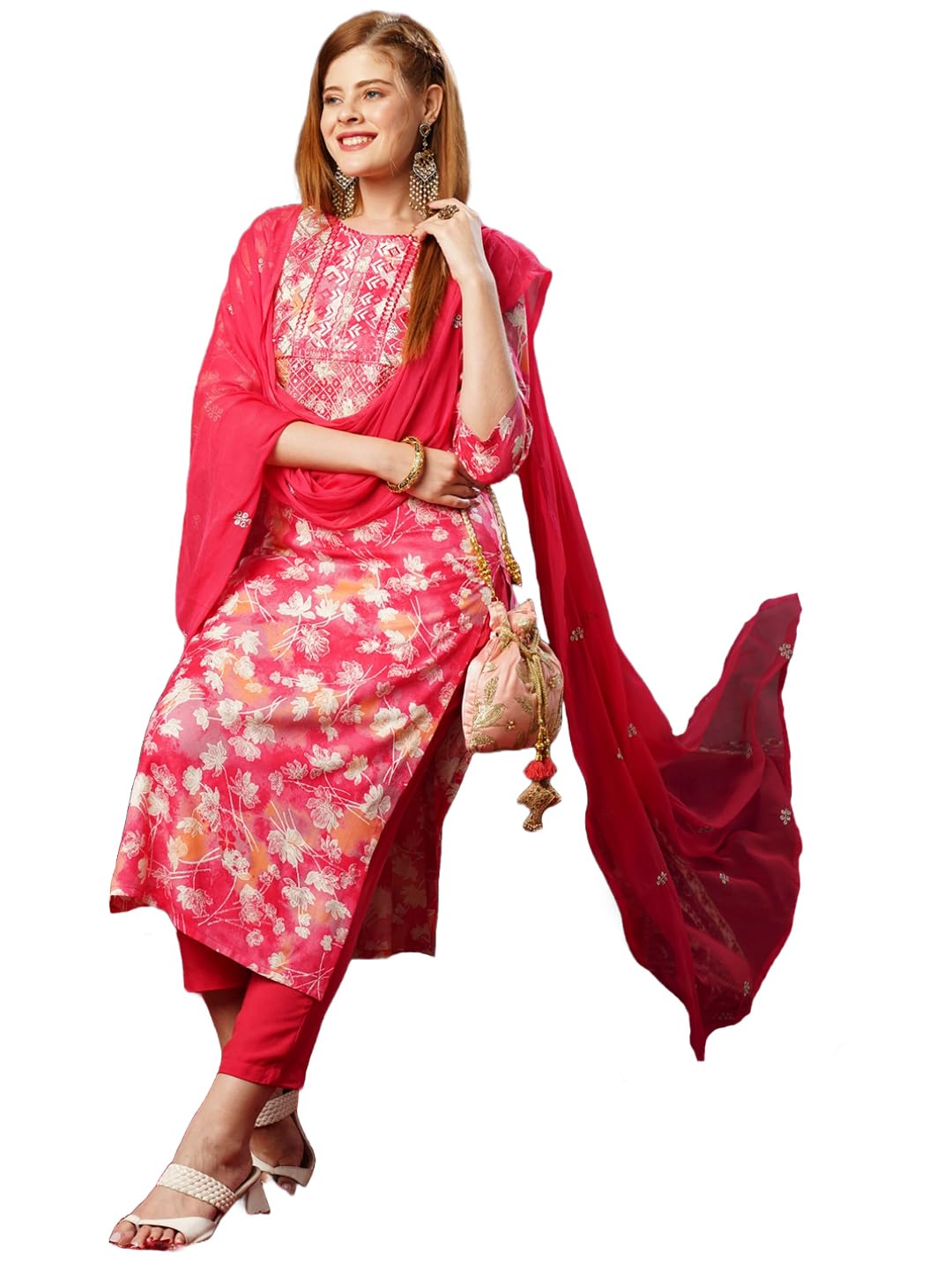 Anni Designer Women'S Cotton Blend Printed Straight Kurta With Pant & Dupatta (Bhadrusha Pink_Xxl_Pink_Xx-Large),Pink,2XL