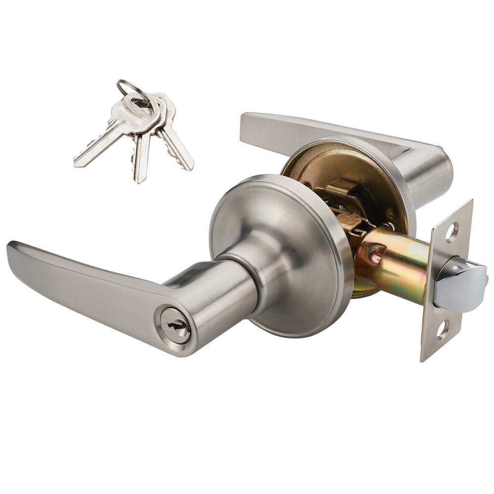 1 Pack of MANREN Lever Keyed Entry Door Lever Handle Lock, Universal Door Knob Hardware,Nickel Brushed Color (MR802ET)