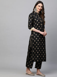 Gosriki Women'S Cotton Blend Straight Solid Kurta With Pant (Parbeen Nw Black & Gold_S-Go_Black & Gold_Small),Black & Gold,,B0B9L6SGLT