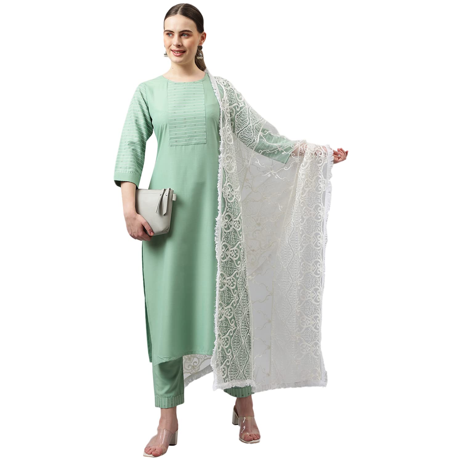Anni Designer Women'S Cotton Blend Straight Solid Kurta With Pant & Dupatta (Sundari Green_L_Green_Large),Green,L