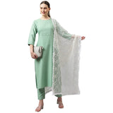 Anni Designer Women'S Cotton Blend Straight Solid Kurta With Pant & Dupatta (Sundari Green_L_Green_Large),Green,L
