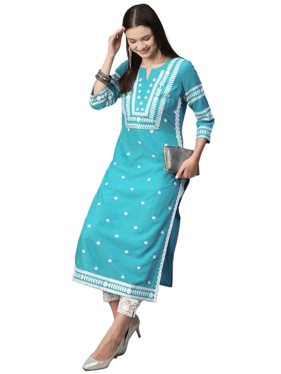 Anni Designer Women'S Cotton Blend Chikankari Embroidered Straight Kurta (Stho-Sky Blue-Nw_M_Sky Blue_Medium),Sky Blue,M