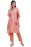 W for Woman Pink Printed Shantung Straight Kurta, Trousers and Dupatta Set, Rose, Small