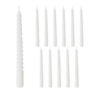 12 Piece Matte White Twist Taper Candles, 2 Boxed Sets of 6, 4 Hours Burn Time, Paraffin Wax, 7.75 Inches
