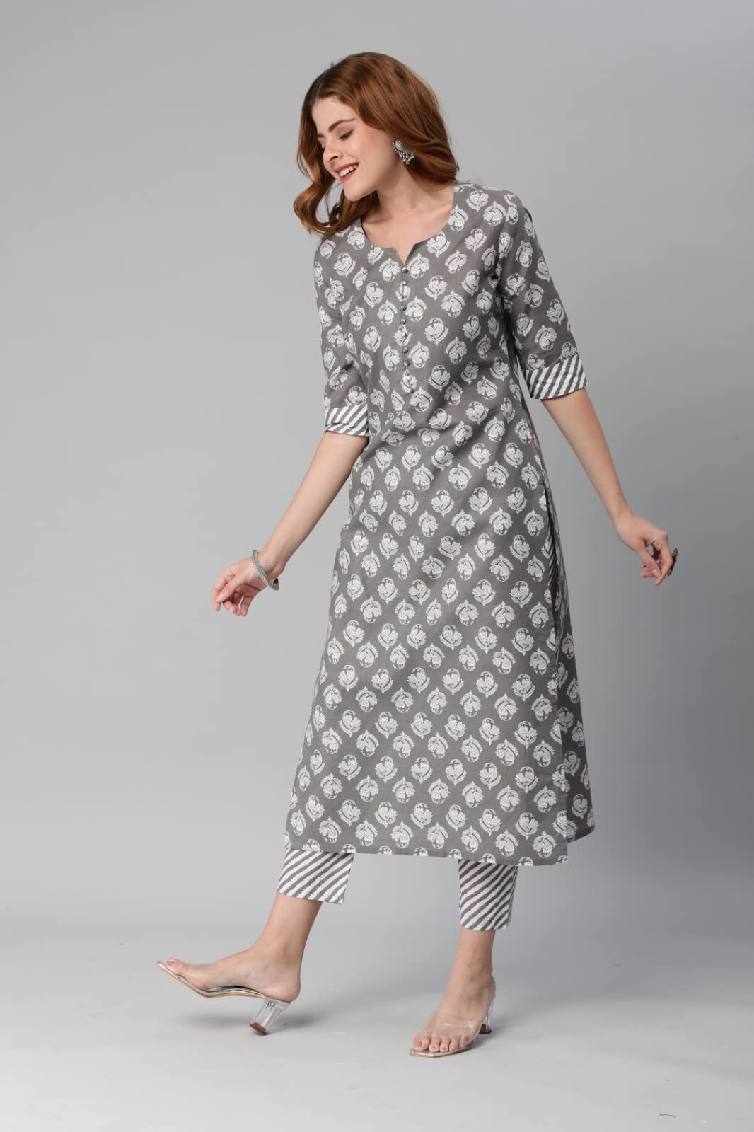 Anni Designer Women'S Cotton Blend Printed Straight Kurta With Pant (Funnu Grey-Nw_Xl_Grey_X-Large),Grey,XL,Cotton Blend,Regular,Pants