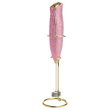 Paris Hilton Electric Rhinestone Handheld Milk Frother with Double Coil Head Whisk and Gold Metal Stand, Battery Powered (2 AA B