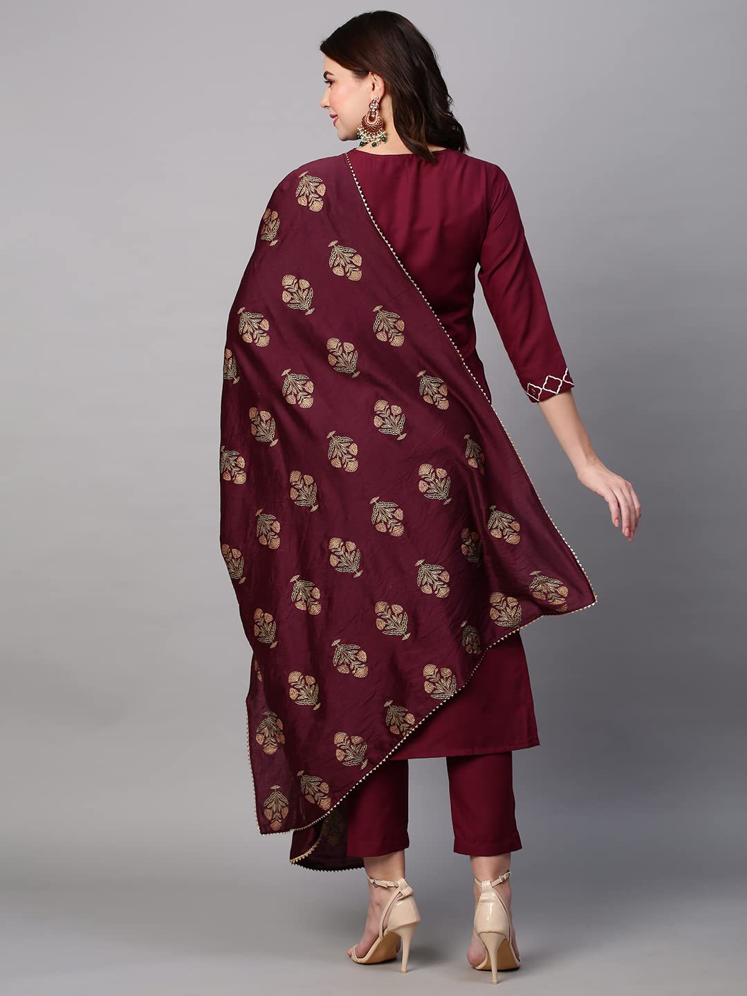 Anni Designer Women'S Cotton Blend Embroidered Straight Kurta With Pant & Dupatta (Mysuru-Wine_Xl_Wine_X-Large),Wine,XL,Cotton Blend,Regular,