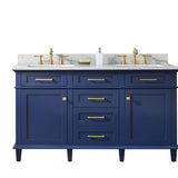 Legion Furniture Indoor Bathroom Home Decorative 60 Blue Finish Double Sink Vanity Cabinet with Carrara White Top