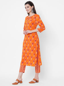 Gosriki Women'S Pure Cotton Flower Print Kurta With Palazzo (Orange Flower_M-Orange_Medium),Orange,,B098NZF15G