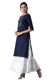W For Woman Cotton Blue Solid Kurta With Embroidery On Yoke Peacoat Blue M