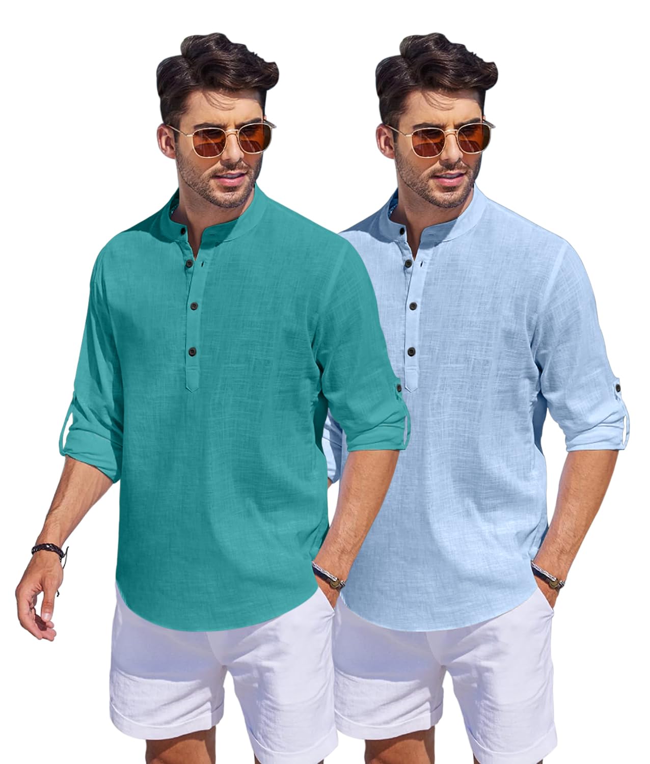 Bellstone Men'S Cotton Blend Solid Regular Dress Shirt (Kurta1500_Combo_Rama & Sky_M