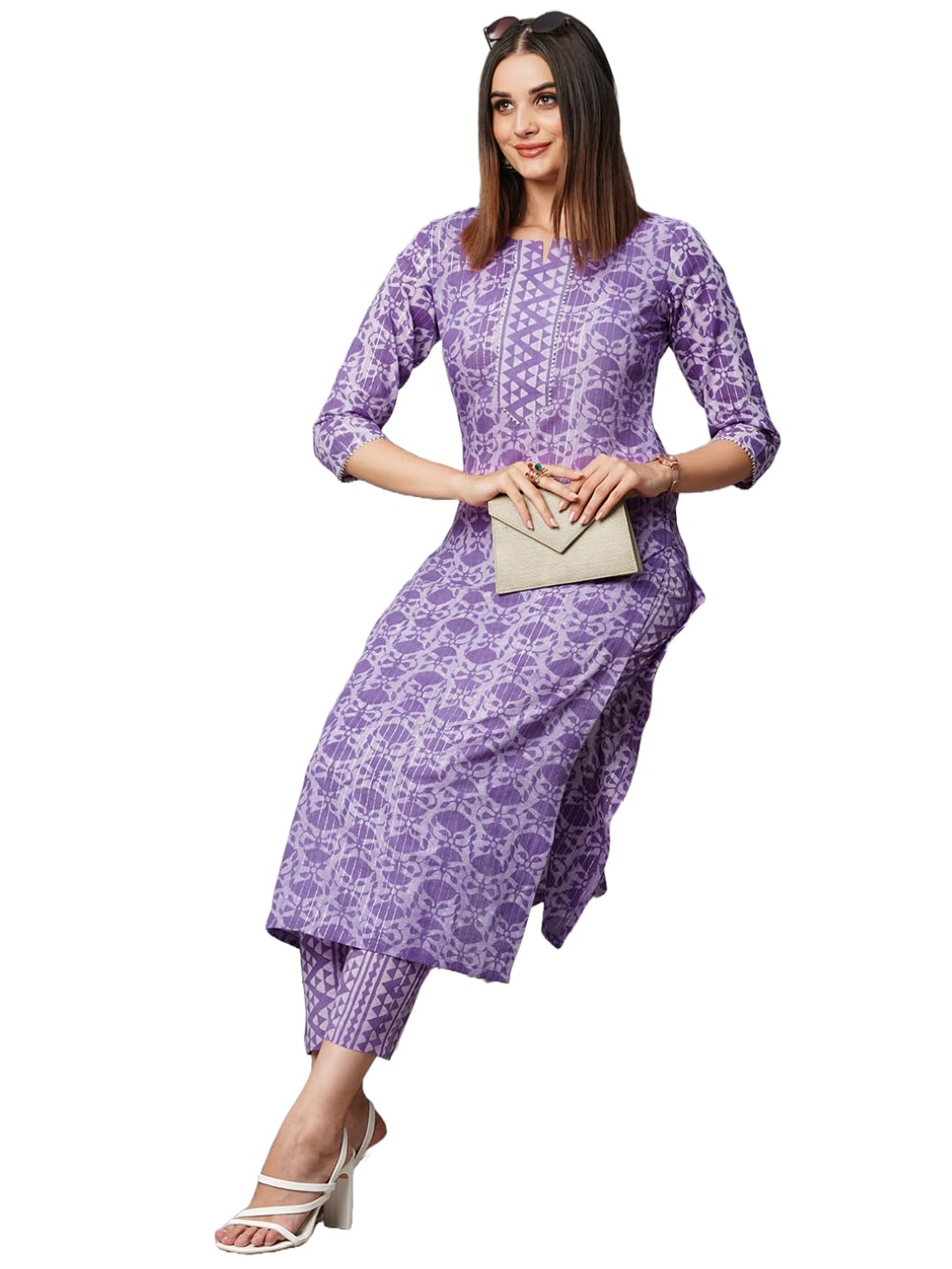 Anni Designer Women'S Cotton Blend Straight Printed Kurta With Pant (Raja Blue_Xl_Blue_X-Large),Blue,XL