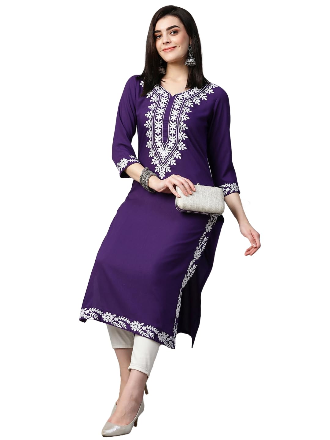 Anni Designer Women'S Cotton Blend Chikankari Embroidered Straight Kurta (Roomali Purple-Vgt_S_Purple_Small),Purple,S
