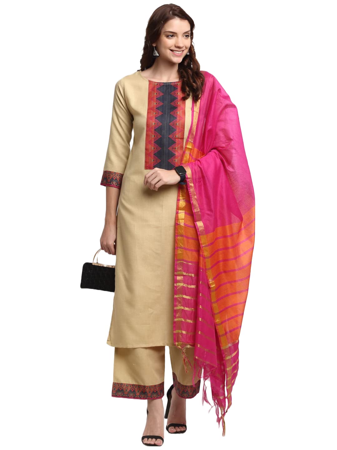 Anni Designer Women'S Cotton Straight Solid Kurta With Pant & Dupatta (My Hit-Beige-Jan15_L_Beige_Large),Beige,L