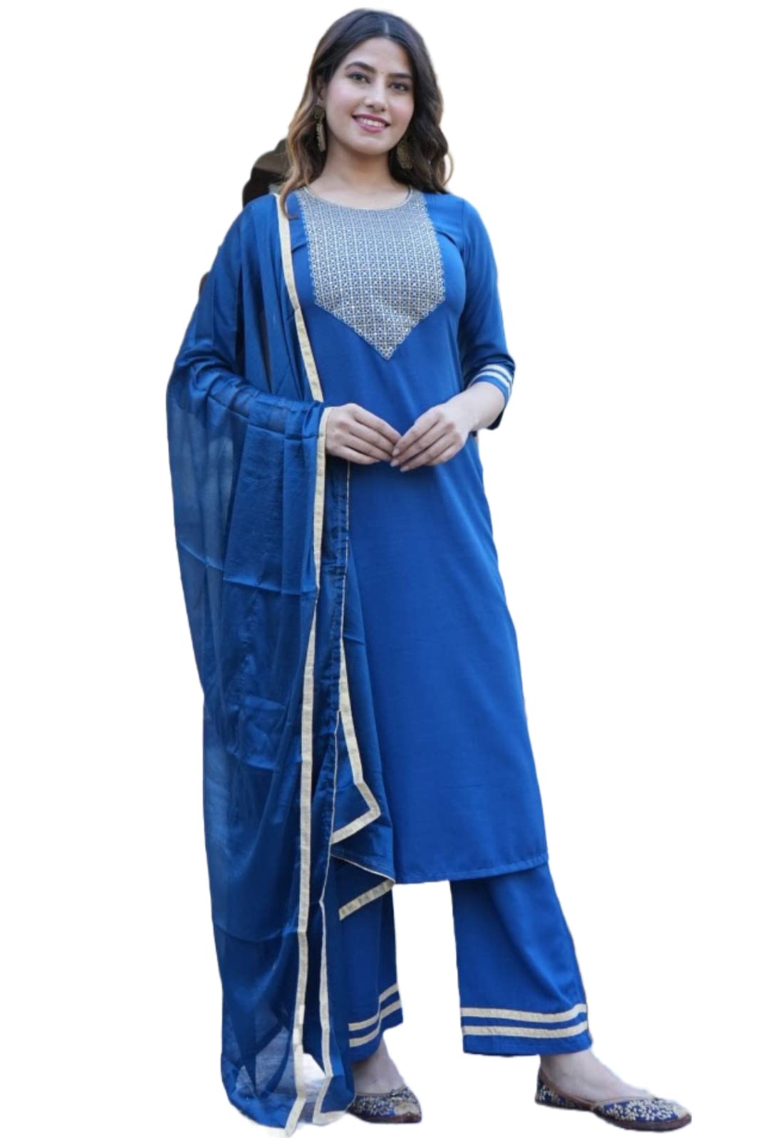 Anni Designer Women'S Cotton Blend Floral Straight Kurta With Palazzo & Dupatta (Label Cerosin-Jan40_Blue_Xxxx-Large),Blue,4XL