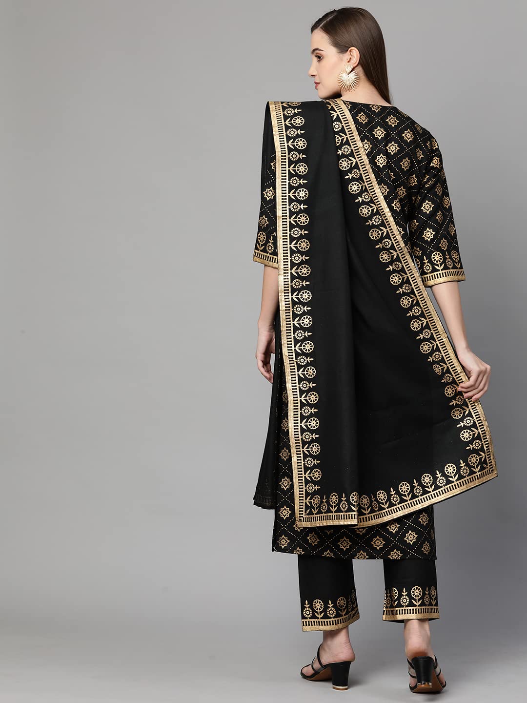 Gosriki Women'S Cotton Straight Kurta With Pant & Dupatta (Kptd-Cot-10079-Black_S-Go_Black_Small),Black,,B09NVNZ3B3