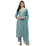 Stylum Women's Floral Printed Rayon Kurta Pant Dupatta Set (KPDAQUASEAL40_Blue, L)