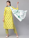 Anni Designer Women'S Cotton Straight Kurta With Pant & Dupatta (Kptd-Cot-10056-Yellow_Xxl_Yellow_Xx-Large),Yellow,2XL,Cotton,Straight,