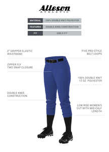 Alleson Athletic Girls Medium (23-25,, W) Athletic Fast Pitch Softball Belt Loop Pants, Royal