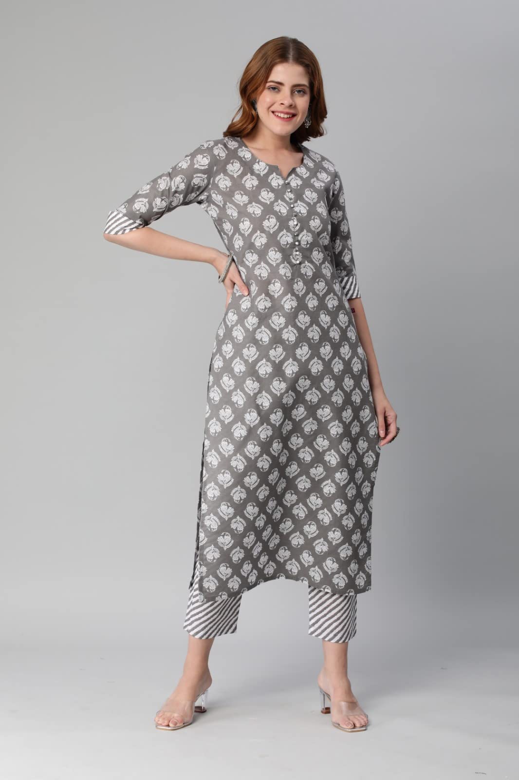 Gosriki Women'S Cotton Blend Printed Straight Kurta With Pant (Funnu Grey-Gs_Xxl_Grey_Xx-Large),Grey,2,B0BTVRLCFB
