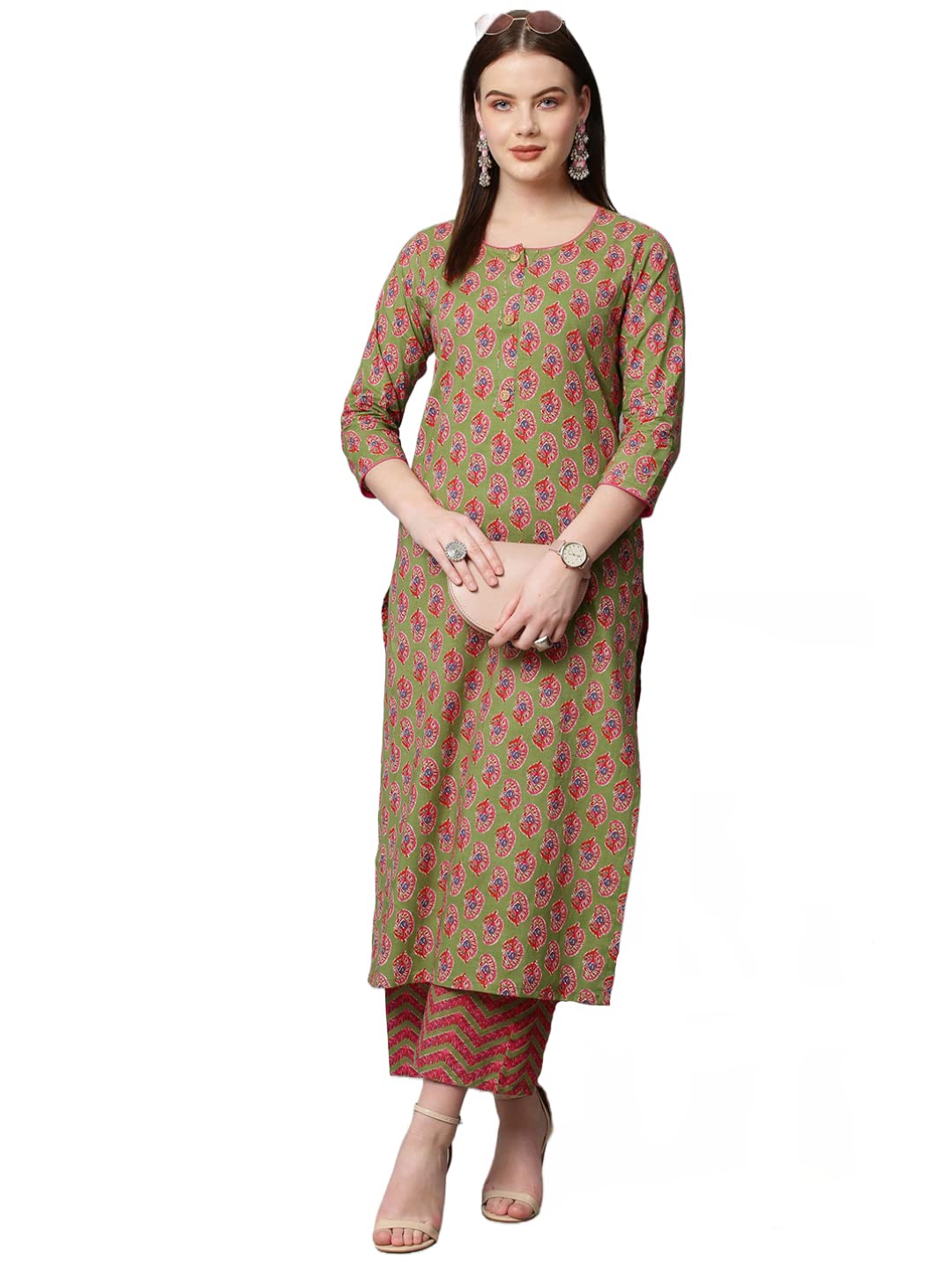 Anni Designer Women'S Cotton Blend Traditional Straight Printed Kurta And Palazzo Set (Bhadra Green_L_Green_Large),Green,L